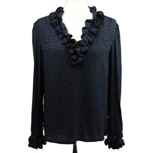 VTG Nina Ricci Boutique Black Leaf Pattern Ruffled V-Neck Button Back Blouse 40